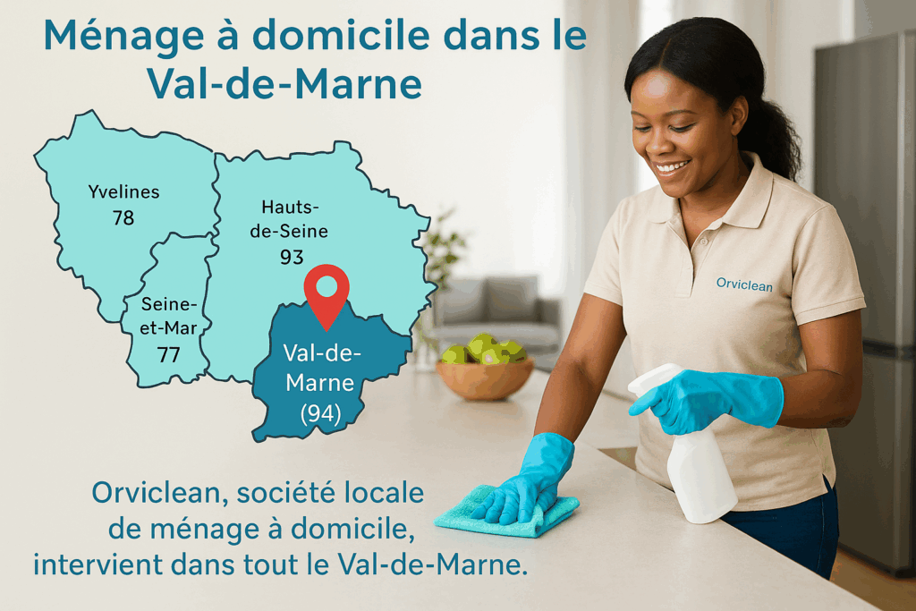 Service de ménage à domicile Orviclean dans le Val-de-Marne, intervenante salariée et encadrée.