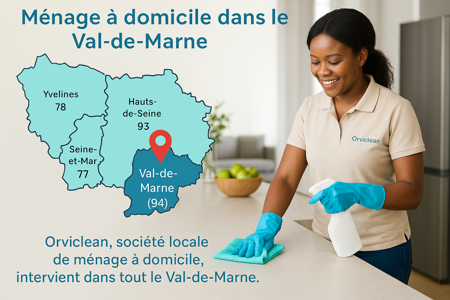 Service de ménage à domicile Orviclean dans le Val-de-Marne, intervenante salariée et encadrée.